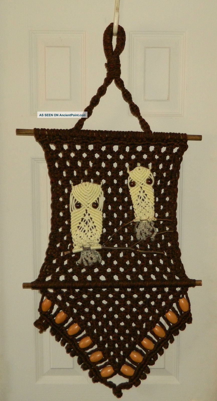 Vintage Owl Macrame Brown Cream Wall Hanging Primitives photo