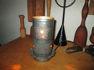 Primitive Punched Tin Metal Stars Fluted Base Early Lighting Electric Lamp photo