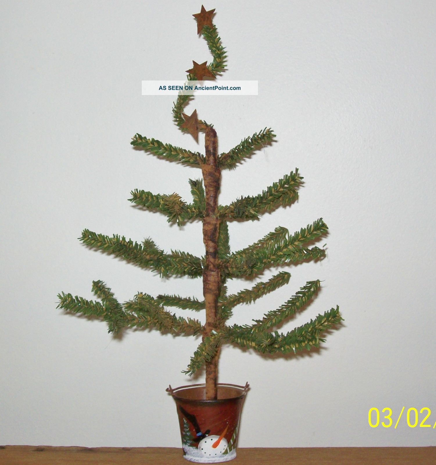 Primitive Christmas/winter Faux German Triple Feathertwigtree Insnowmanbucket Primitives photo