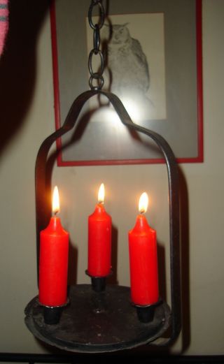 Primitive Wrought Iron Candle Chandelier Vintage Repro,  3 Candles,  41 photo