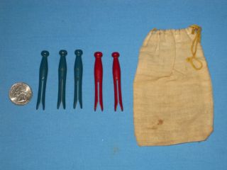Vtg/antique Lot 5 Mini Childs/doll House Red/blue Clothespins & Bag photo