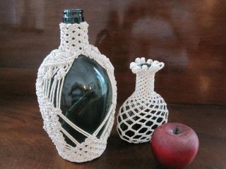 Set Of Two Antique Vintage Macrame Covered Bottles From New England photo