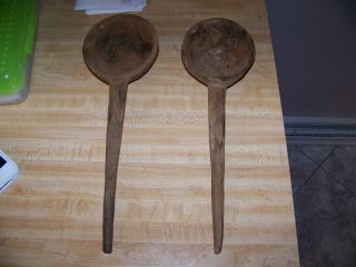 2 Primitive Hand Carved Wood Spoons / Ladle / Dipper photo