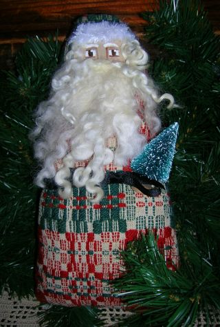 Primitive Christmas Santa Doll Ornie Vintage Woven Coverlet Red Green Holiday photo
