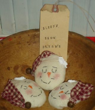 Primitive Sleepy Snow Man Sleeping Rusty Safety Pin Bell Bowl Fillers Set Of 3 photo