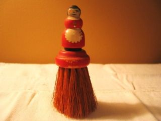 Rare Antique Whisk Broom Figural Painted Lady Red W/ Apron Handle Excellent Cond photo