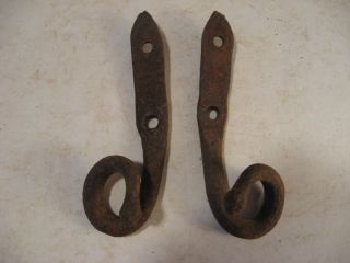 2 Pieces Vintage Rusty Wrought Iron Blacksmith Made Hooks Hangers Barn Find photo