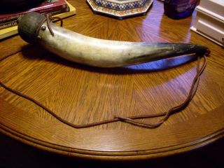 Primitive Steer Horn Made Into Powder Horn,  Carrying Strap,  Wood Top photo