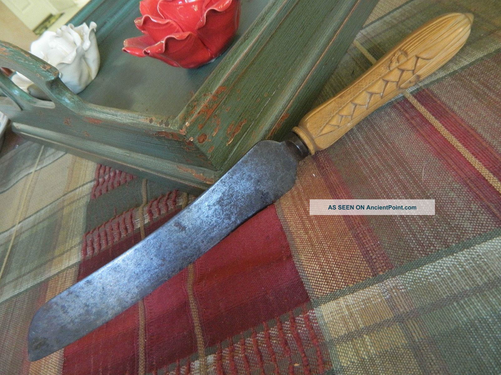 Pat.  1751 Antique Rowbotham Sheffield Bread Knife/ Hand Craved Wood Handle Primitives photo
