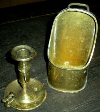 Vintage Primitive Colonial Revivial Brass Candlestick & Candle Lighting Box Vafo photo