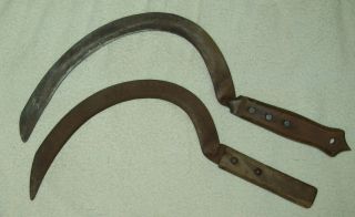 2 Vintage/antique Hand Scythe Sickle Curved Blade Tools Village Blacksmith photo