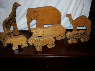 Large Noah ' S Ark Type Animals Made From Wood,  Elephant,  Tiger,  Lion,  Giraff,  Zebra photo