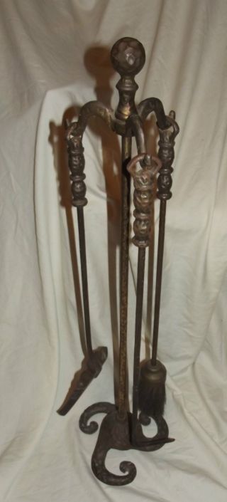 Antique Octopus Fire Place Set Hand Hammered Cast Iron Nautical Rare photo