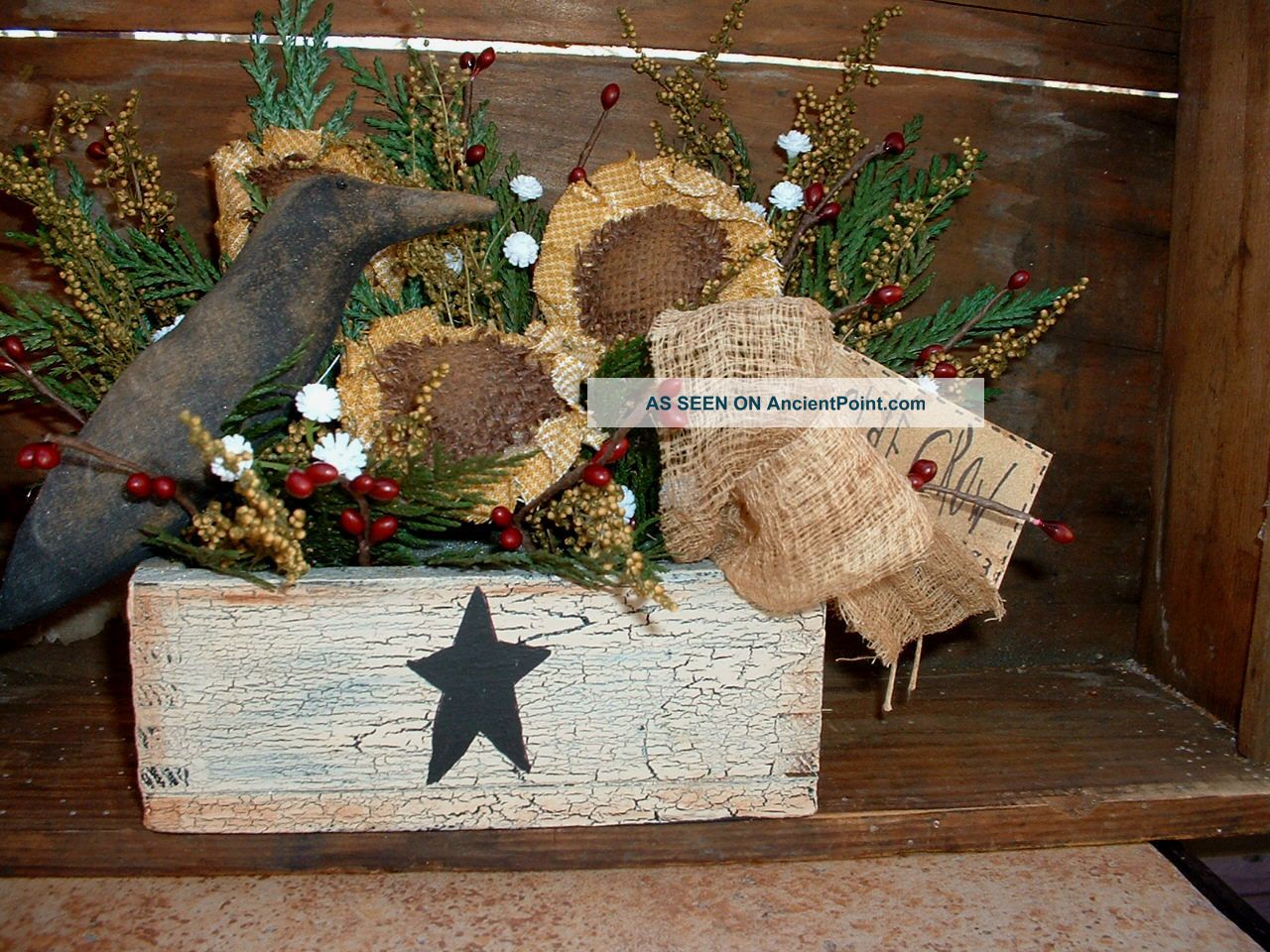 Vintage Box Crackled Paint Crow Sunflowers Prim Primitives photo