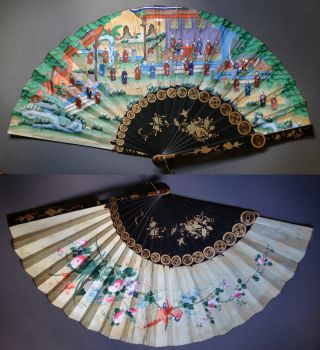Huge 79 X 43cm 19th Century 1000 Faces Cantonese Chinese Ox Bone Lacquer Fan photo