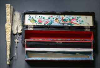 Mint Condition 19th C.  Cantonese Chinese Double Boxed Fan Lacquer Silver Ox Bone photo