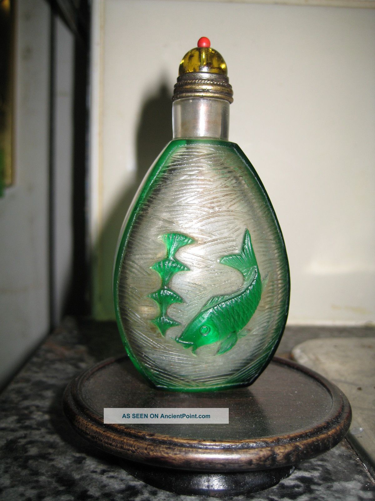 Antique Carved Peking Glass 19th Century Fish Snuff Bottle & Amber Lid Snuff Bottles photo