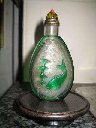 Antique Carved Peking Glass 19th Century Fish Snuff Bottle & Amber Lid photo