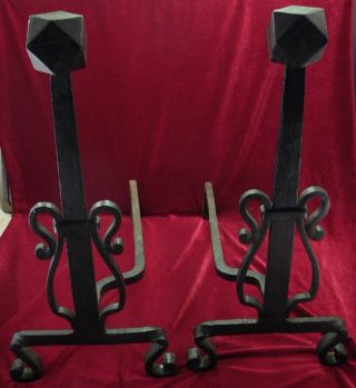 Fine Antique Arts & Crafts Period Wrought Iron Andirons Faceted Ball Top photo
