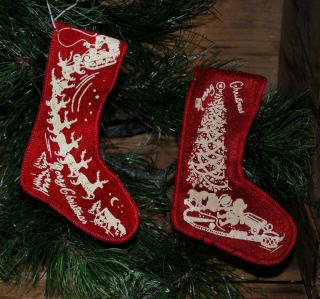 Set Of 2 Asst.  Primitive Christmas Stocking Ornaments - - - Vintage Looking photo
