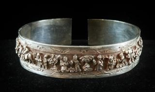 Great Antique,  Vintage Well Marked Scenic Chinese Carved Silver Bracelet photo