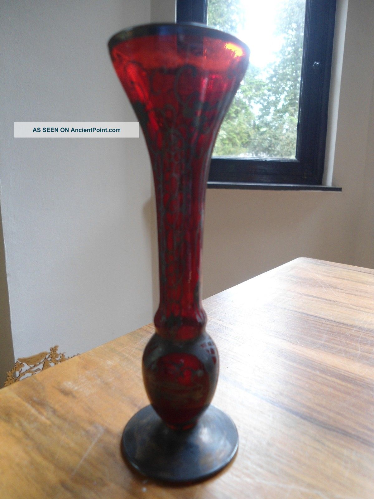 Antique Art Deco Nouveau Lovely Little Cranberry Overlay Art Glass Vase Vases photo