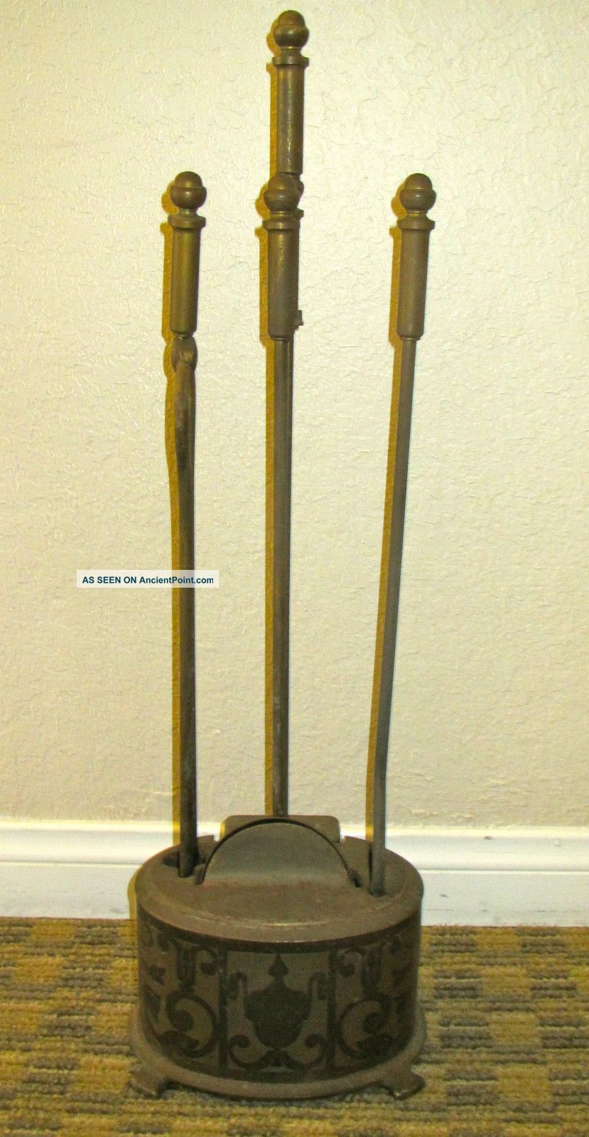 Vintage Brass 4 Piece Fireplace Tools Hearth Set Shovel Tongs Poker Broom  Hearth Ware photo