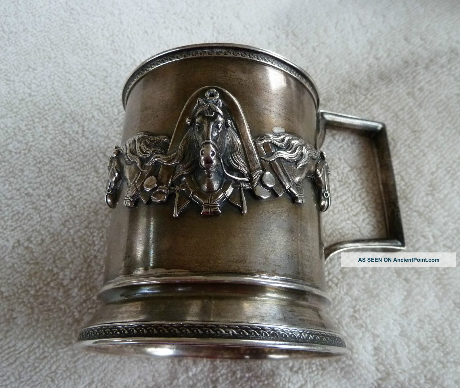 Antique Russian Silver 84 Tea Glass Cup Holder - 3 Harnesed Horses - Troika Russia photo