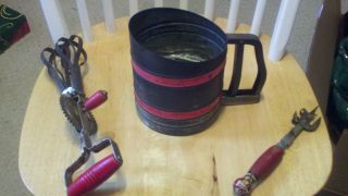 Antique Flour Sifter,  And Mixer,  And Can Opener photo