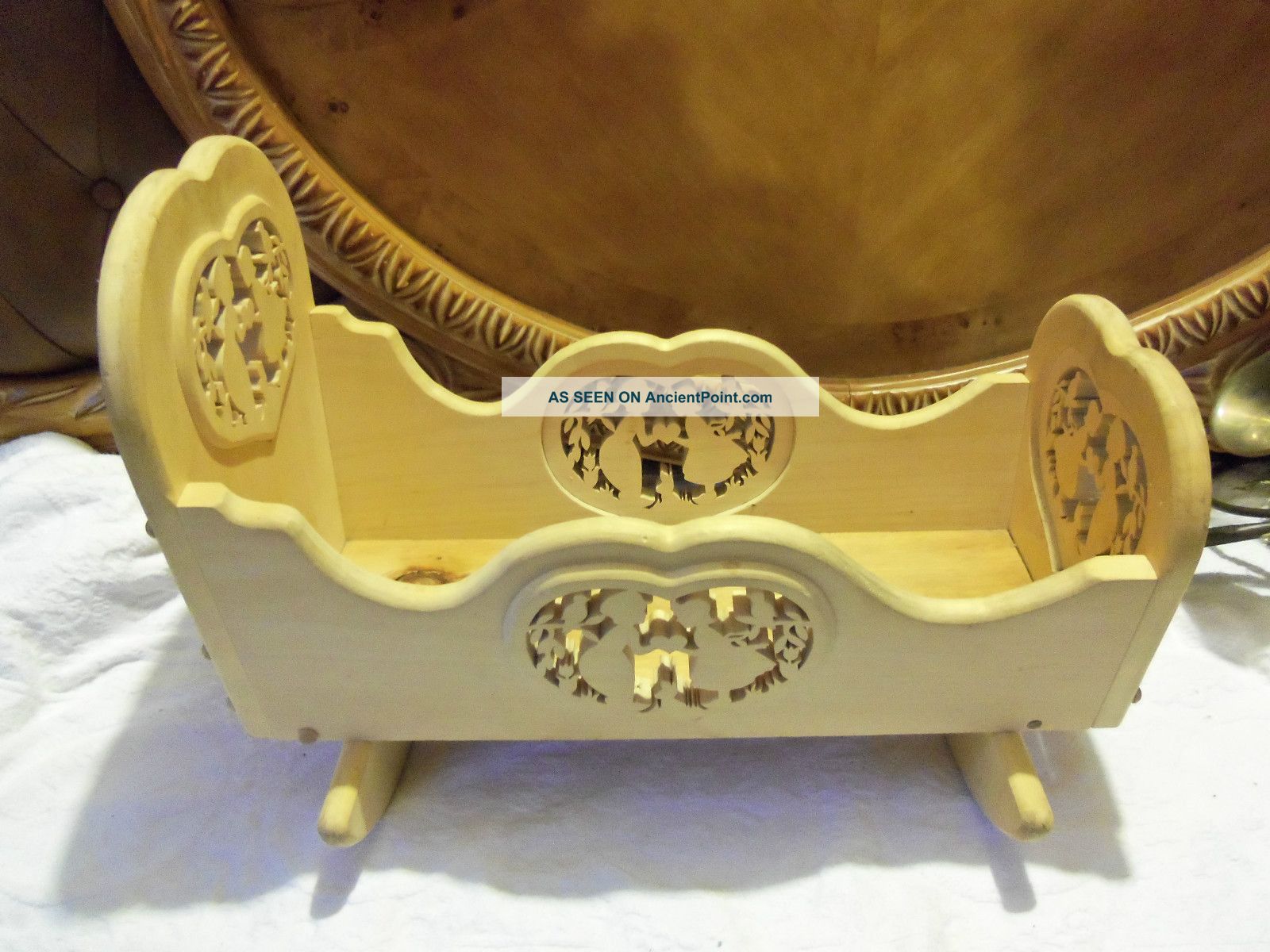 Gorgeous Vintage Handmade Ornate Cradle 4 Sided Scene Estate Find Baby Cradles photo