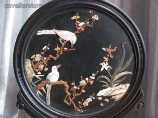 Chinese Rosewood & Rare Conch & Jade Carved Bird & Flower Screen photo