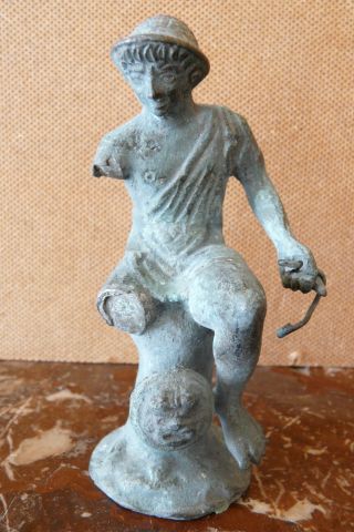 Antique Seated Bronze Figurine Mars? Roman? Bronze Antiquity Mask Statue Bc Ad photo