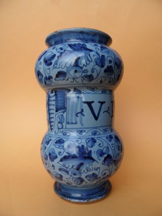 Late 16th Century Italian Majolica Berettino Albarello Apothecary Jar photo
