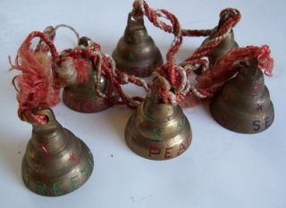 6 Vintage Primitive Brass Etched Christmas Jingle Sleigh Bells W Cord photo