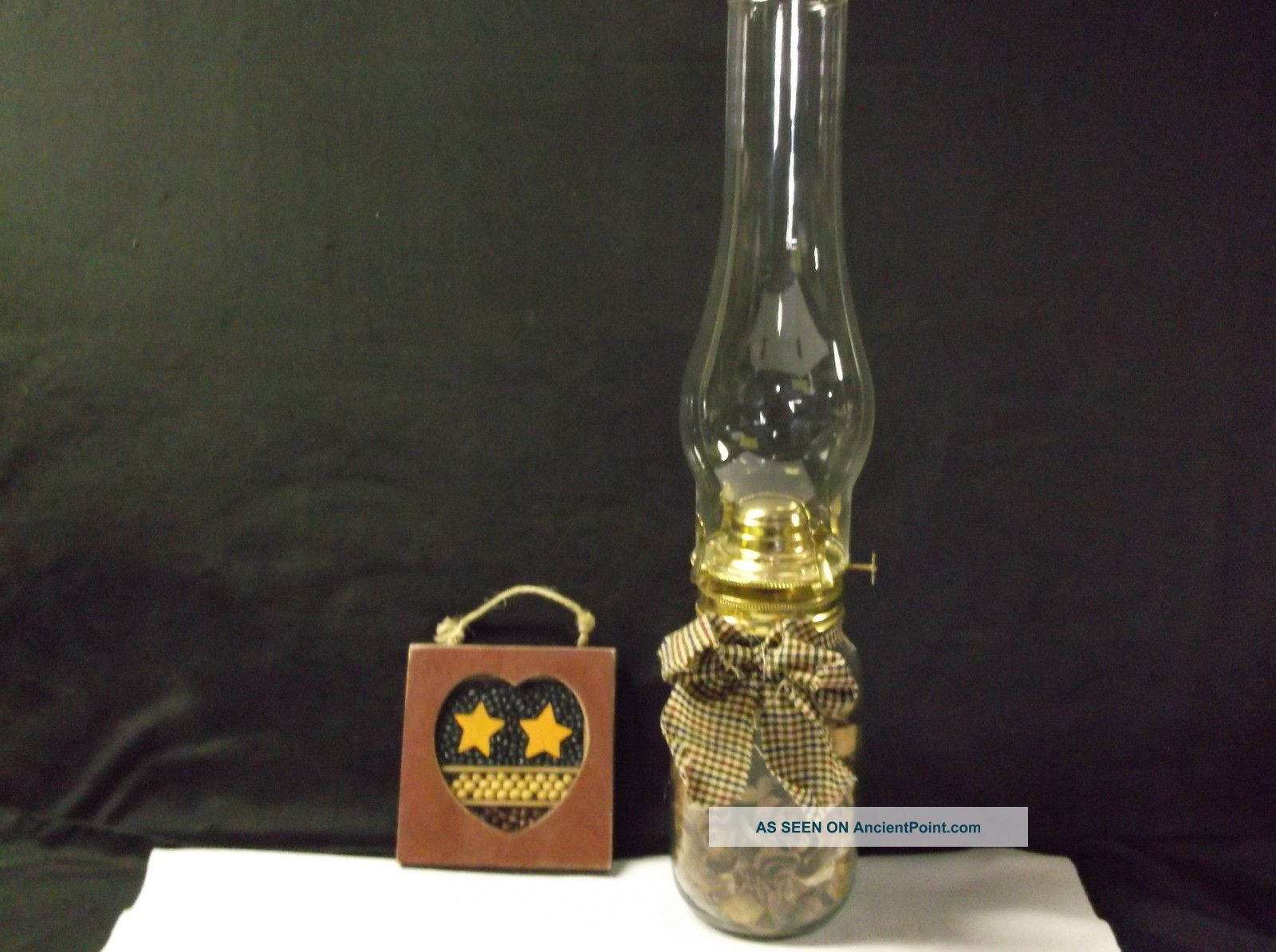 Mason Jar Oil Lamp And Wooden Bean Plague Primitives photo