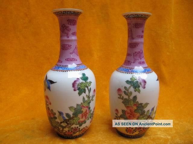 Bird And Flower Vases Pair Galze Colorful Antique Chinese Porcelain Ceramic Anc Vases photo