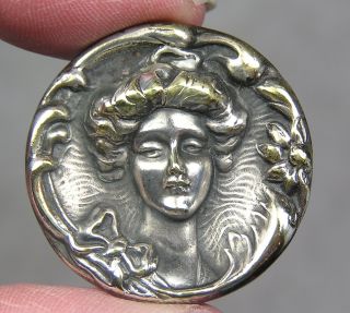 Silvered Brass Picture Button Gibson Girl Metal photo