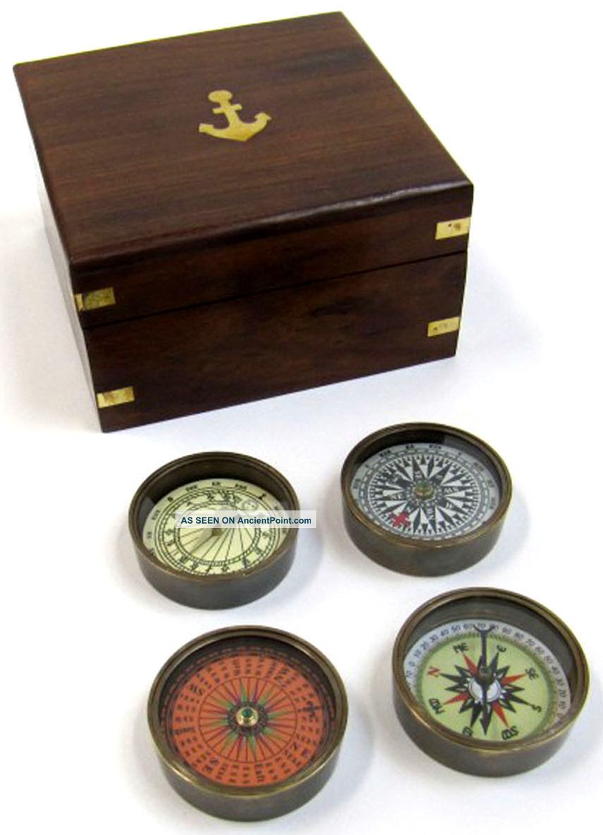 Solid Brass Compass Set With Wooden Box Nautical Coloured Dial Maritime Gift Compasses photo