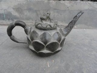 Chinese Bronze Teapot Lotus Shape Frog Lid Old Exquisite Unique 17 photo