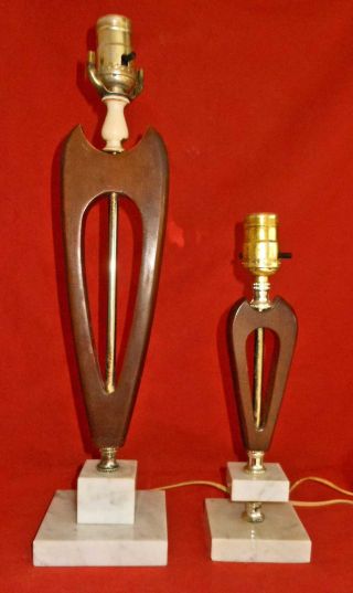 Vintage Mid Century Modern Moderne Matched Pair Lamps Heart Wood Italian Marble photo