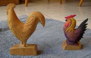 2 Vintage Carved Wooden Rooster Decorations Figures photo