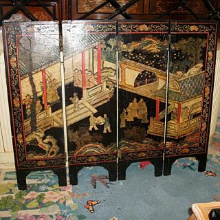 Antique 19th Century Chinese Coromandel 4 Panel Folding Screen - photo
