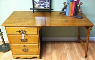 Antique Tiger Oak Desk/sewing Table W/drawers & Collapsale Top Really photo