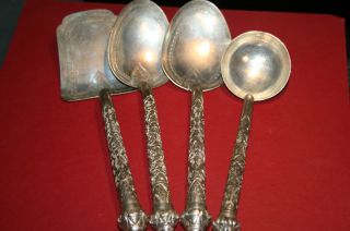 Set Of Four Hand Carved Silver Plated Over Copper Serving Pieces Large Spoons photo