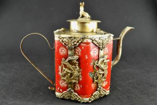 - China Collectible Old Hand Porcelain Armoured Jaguar Dragon Tea Pot photo
