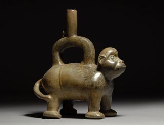 Pre Columbian Published Chimu Peruvian Stirrup Spout Monkey Vessel photo