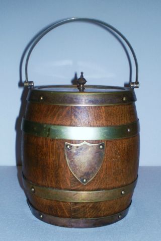 Antique English Oak Ceramic & Silver Plated Biscuit Barrel Or Ice Bucket C.  1900 photo