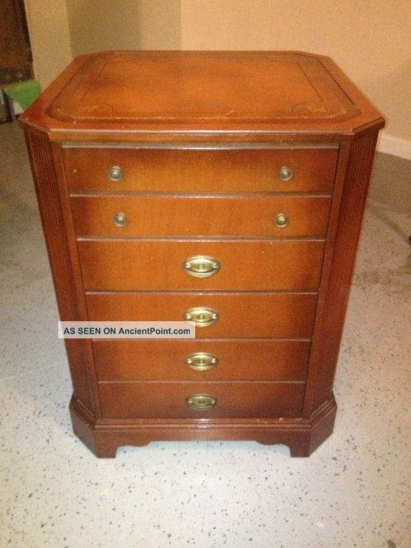 Antique Leather Inlaid Top 6 Front Drawer Wooden Cabinet Wow 1900-1950 photo