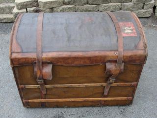 Rare Antique French Goyard Leather,  Brass,  Wood & Wicker Domed Trunk photo