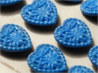 Card (22) 20´s 18 Mm Vintage Czech Blue Floral Edelweiss Heart Glass Buttons photo